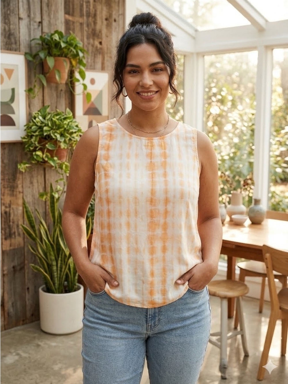 Neiman Marcus Orange White Tie Dye Sleeveless Top Size M